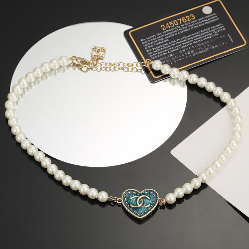 Chanel New Double C Heart Peach Vintage Old Blue Pearl Bracelet Necklace