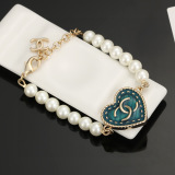 Chanel New Double C Heart Peach Vintage Old Blue Pearl Bracelet Necklace