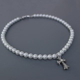 Chrome Hearts New Cross Pearl Necklace Light Luxury Elegant 8mm Pearl Collar Chain