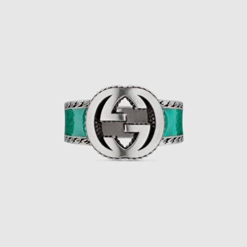 Gucci New Retro Interlocking Double G Green Enamel Ring