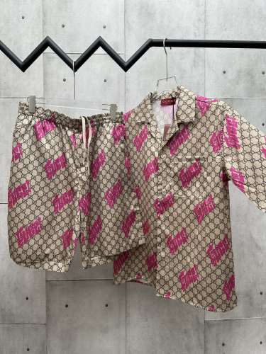 Gucci New Full Double G Interlocking Logo Silk Casual Collar Short Sleeve Shirt Shorts Set