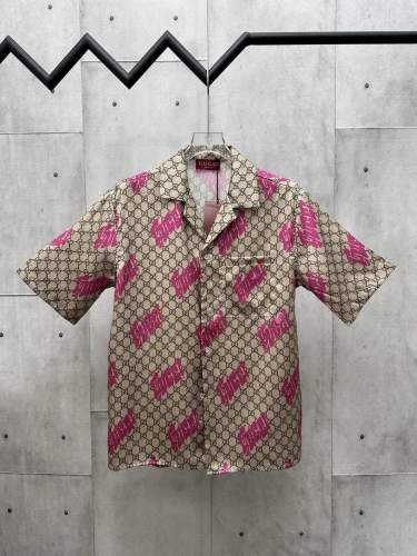 Gucci New Full Double G Interlocking Logo Silk Casual Collar Short Sleeve Shirt Shorts Set