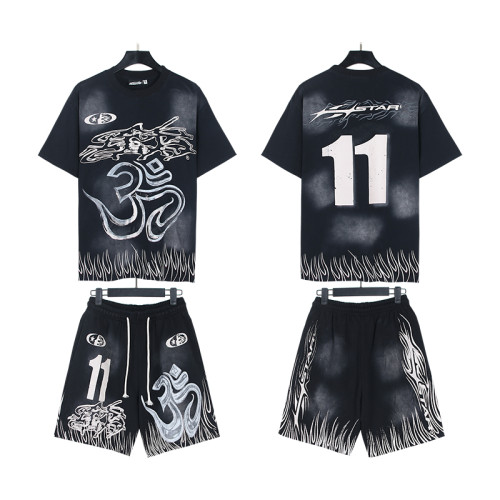 Hellstar Retro Trendy Printed Washed Short Sleeve Unisex Casual Loose Set