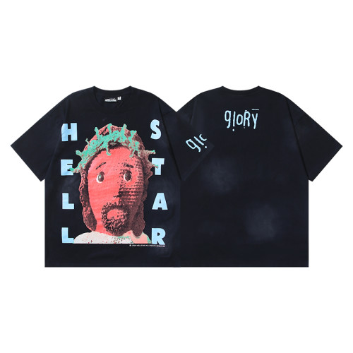 Hellstar Retro Trendy Printed Washed Short Sleeve Unisex Casual Loose T-shirt 