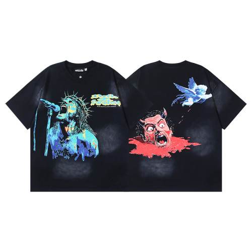 Hellstar Retro Trendy Printed Washed Short Sleeve Unisex Casual Loose T-shirt