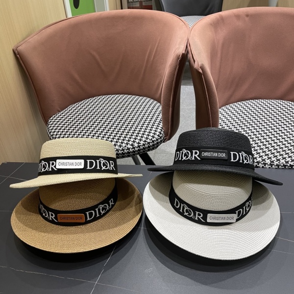 Dior New Fashion Versatile Logo Jacquard Flat Top Straw Hat