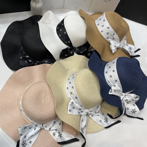 Chanel New Fashion Ruffle Silk Scarf Top Hat Pot Hat Straw Hat