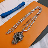 Louis Vuitton New Retro Rock Punk Thai Silver Skull Pendant Necklace