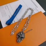 Louis Vuitton New Retro Rock Punk Thai Silver Skull Pendant Necklace