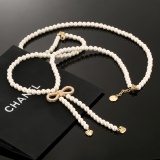 Dior New Fashion Bow Pearl Necklace Sweater Chain