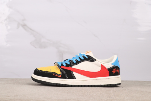 Travis Scott x Stussy x Air Jordan 1 Low Retro Splicing Basketball Shoes Unisex Casual Sneakers