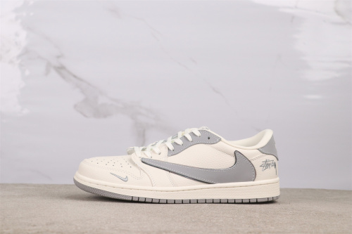 Travis Scott x Stussy x Air Jordan 1 Low Retro White Grey Basketball Shoes Unisex Versatile Sneakers
