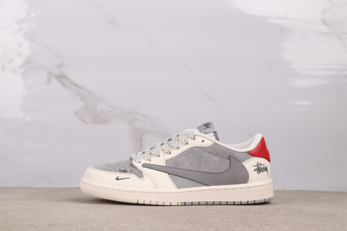Travis Scott x Stussy x Air Jordan 1 Retro Low White Grey Red Basketball Shoes Unisex Sneakers