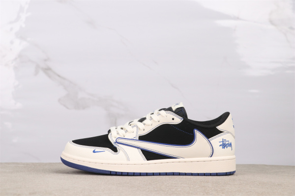 Travis Scott x Stussy x Air Jordan 1 Low Retro Beige Black Basketball Shoes Unisex Sneakers
