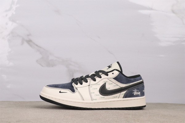 Stussy x Air Jordan 1 Retro Beige Blue Basketball Shoes Unisex Sneakers