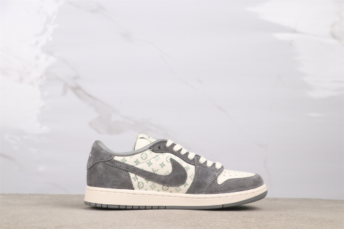 Travis Scott x Fragment x Air Jordan 1 Low Retro LV Printed Grey Suede Basketball Shoes Unisex Sneaker