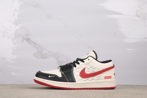 Supreme x Air Jordan 1 Low Retro Beige Black Red Basketball Shoes Couple Sneaker