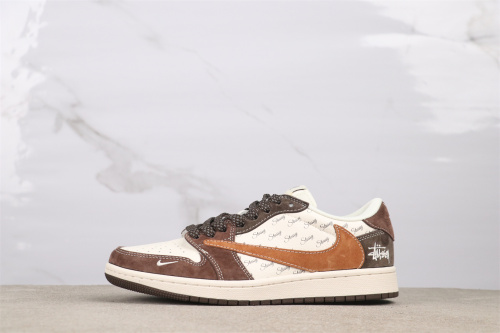 Travis Scott x Balenciaga x Air Jordan 1 Low Retro White Brown Basketball Shoes Couple Sneaker