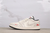 Stussy x Air Jordan 1 Low Retro White Snake Pattern Basketball Shoes Unisex Sneaker