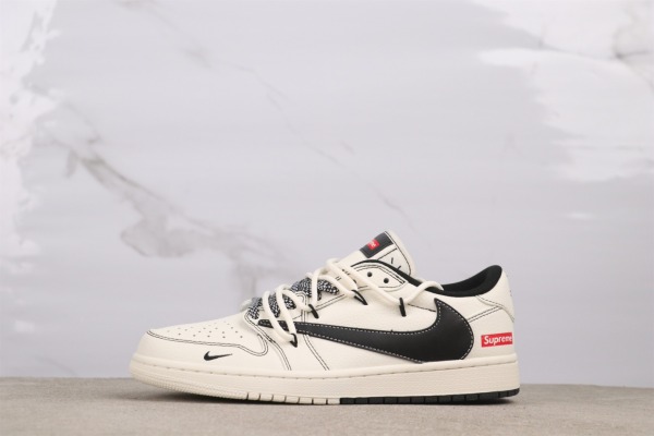 Supreme x Air Jordan 1 Low OG SP Retro Low Beige Black Basketball Shoes Unisex Sneaker