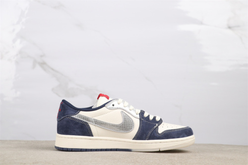 Travis Scott x Stussy x Air Jordan 1 Retro Low White Blue Basketball Shoes Unisex Sneakers