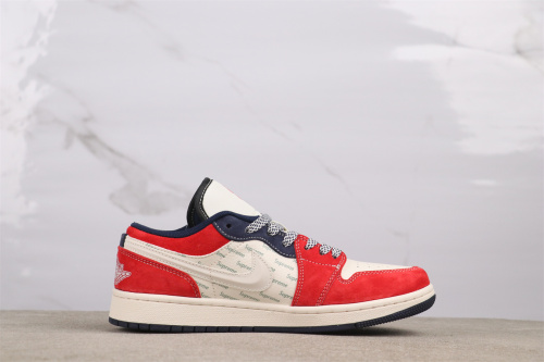 Supreme x Air Jordan 1 Low Retro White Red Basketball Shoes Unisex Sneaker