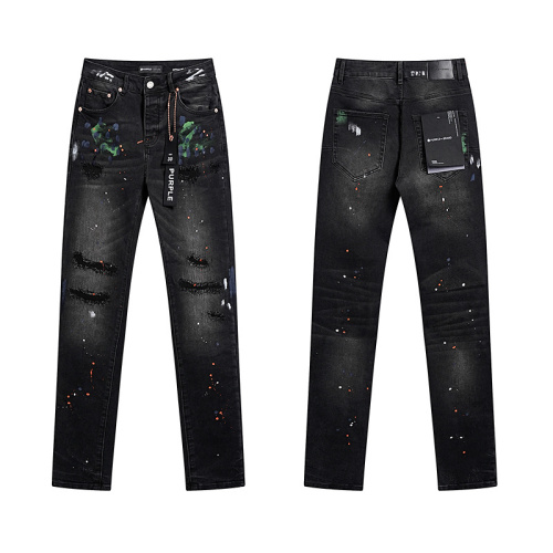 Purple Brand Fashion Inkjet Distressed Slimming Small Leg Elastic Jeans