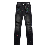 Purple Brand Fashion Inkjet Distressed Slimming Small Leg Elastic Jeans