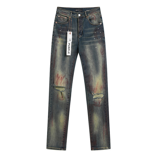 Purple Brand Fashion Graffiti Distressed Slimming Small Leg Elastic Jeans