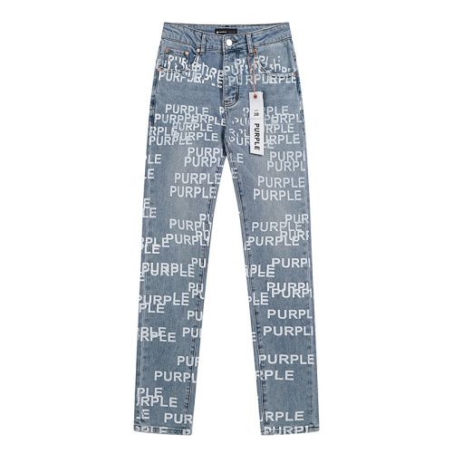 Purple Brand New Fashion Full Logo Printed Slim fit Small Leg Elastic Jeans