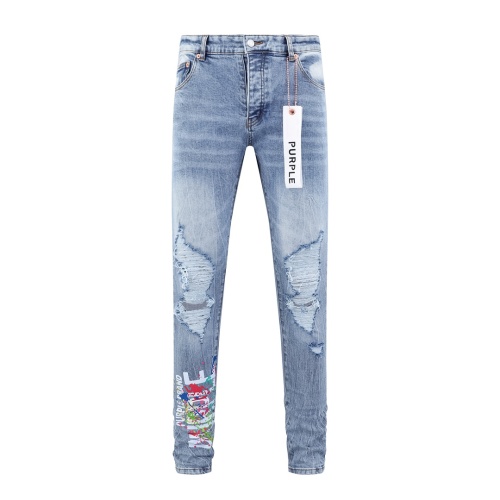 Purple Brand Fashion Color Splashed Distressed Slimming Small Leg Jeans