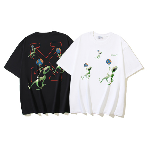 Off White Fashion Cartoon Alien Arrow Printed Short Sleeve Unisex Casual Loose T-shirt