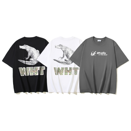 Off White New Fashion Crocodile Printed Short Sleeve Unisex Casual Washed T-shirt