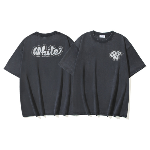 Off White Retro Washed Hand Drawn Letter Printed Short Sleeve Unisex Casual Loose T-shirt