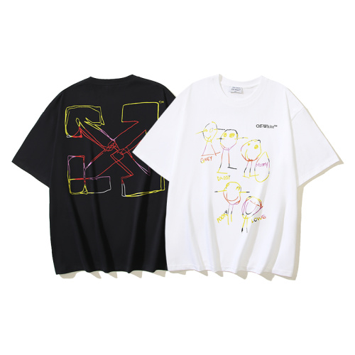 Off White Fashion Colorful Painting Cartoon People Printed Short Sleeve Unisex Casual Loose T-shirt