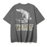 Off White New Fashion Crocodile Printed Short Sleeve Unisex Casual Washed T-shirt