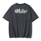Off White Retro Washed Hand Drawn Letter Printed Short Sleeve Unisex Casual Loose T-shirt