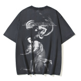 Off White Retro Angel Old Man Religious Printed Short Sleeve Unisex Casual Washed T-shirt