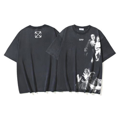 Off White Retro Religious Printed Short Sleeve Unisex Casual Washed T-shirt