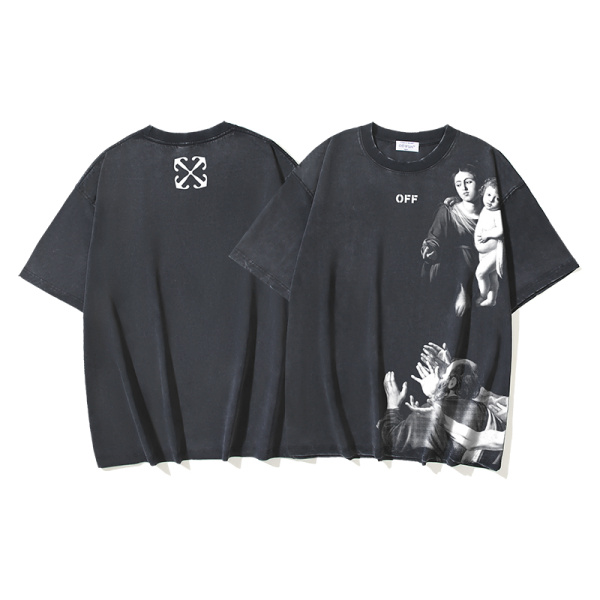 Off White Retro Religious Printed Short Sleeve Unisex Casual Washed T-shirt