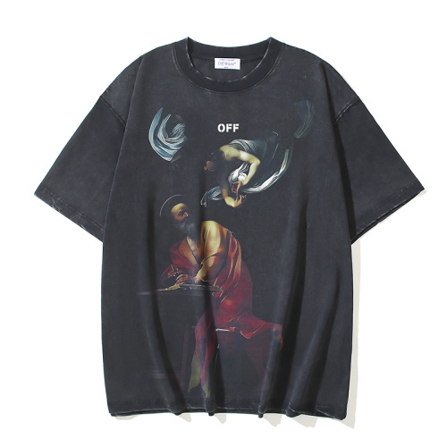 Off White Retro Washed Religious Arrow Printed Short Sleeve Unisex Casual Loose T-shirt