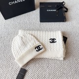 Chanel New Classic Versatile Embroidered Logo Knitted Hat Scarf Set