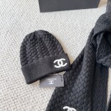 Chanel New Classic Versatile Embroidered Logo Knitted Hat Scarf Set