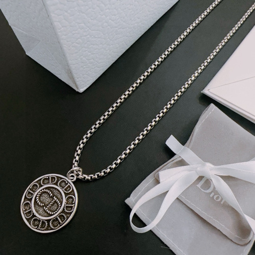 Dior New Couple Fashion Logo Pendant Punk Retro Silver Necklace 60cm