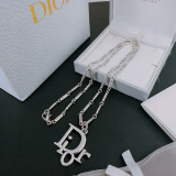 Dior New Couple Trendy Fashion Logo Pendant Punk Retro Silver Necklace 60 CM