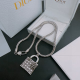 Dior New Couple Fashion Bag Pendant Punk Retro Silver Necklace 60cm