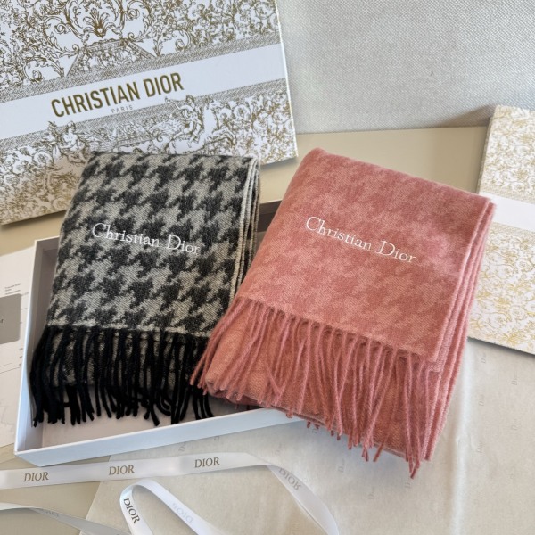 Dior Classic Embroidered Logo Thousand Bird Grid Cashmere Scarf Size: 35 x 190 CM