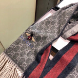 Gucci Fashion Embroidery Bee GG Jacquard Color Blocked Striped Cashmere Scarf Size: 35 x 200 CM