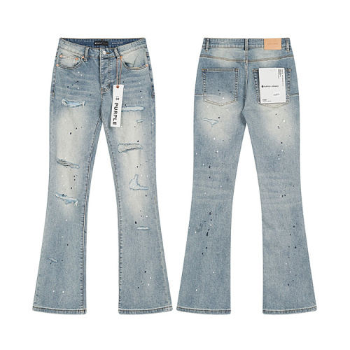 Purple Brand Street Washed Ink Splashed Distressed Micro Horn Elastic Jeans