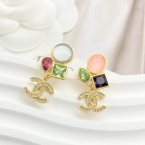 Chanel New Fashion Color Diamond Glass Gemstone Double C Earrings